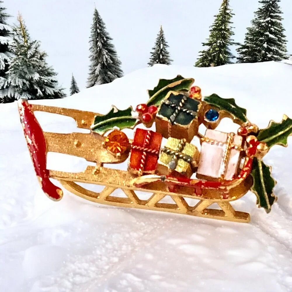 Weiss Christmas Sled Brooch Pin Rhinestones Enamel Gifts GoldTone Vintage Signed
